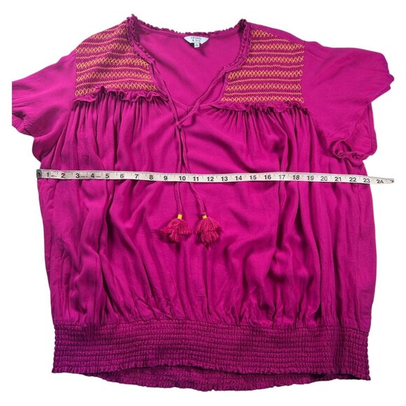 Crown & Ivy Bohemian Short Sleeve Top Women's‎ 1X Deep Pink Smocked Hem Rayon - Picture 5 of 7